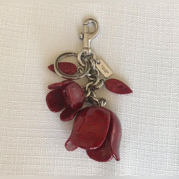 COACH Red Glitter Tea Rose Bag Charm Keychain 🌹 - Picture 1 of 7